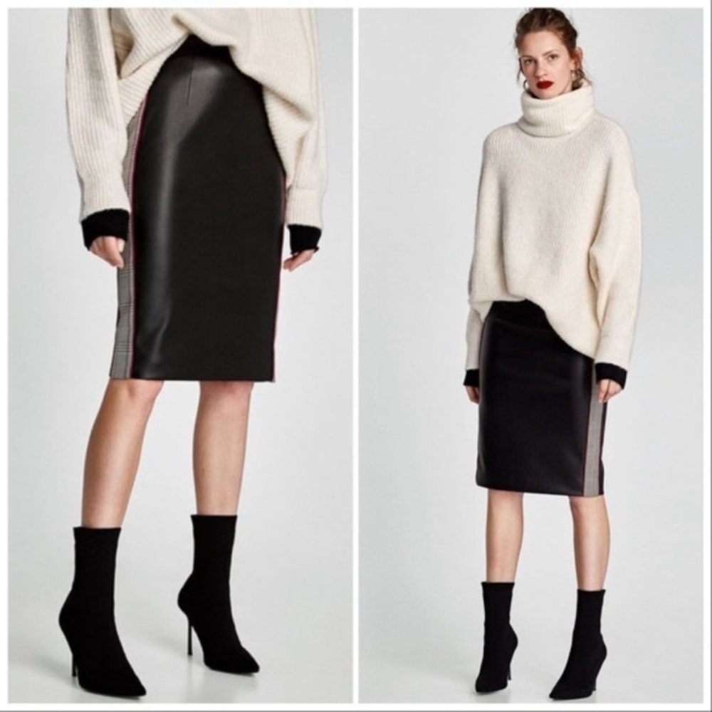 ZARA faux leather midi skirt with houndstooth stripes Size Medium